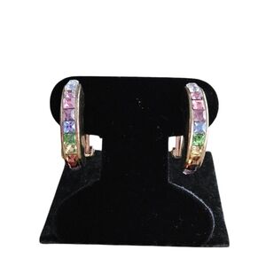 Vintage Christian Dior Bejeweled Rainbow Clip On Earrings Gold Tone Half Hoop